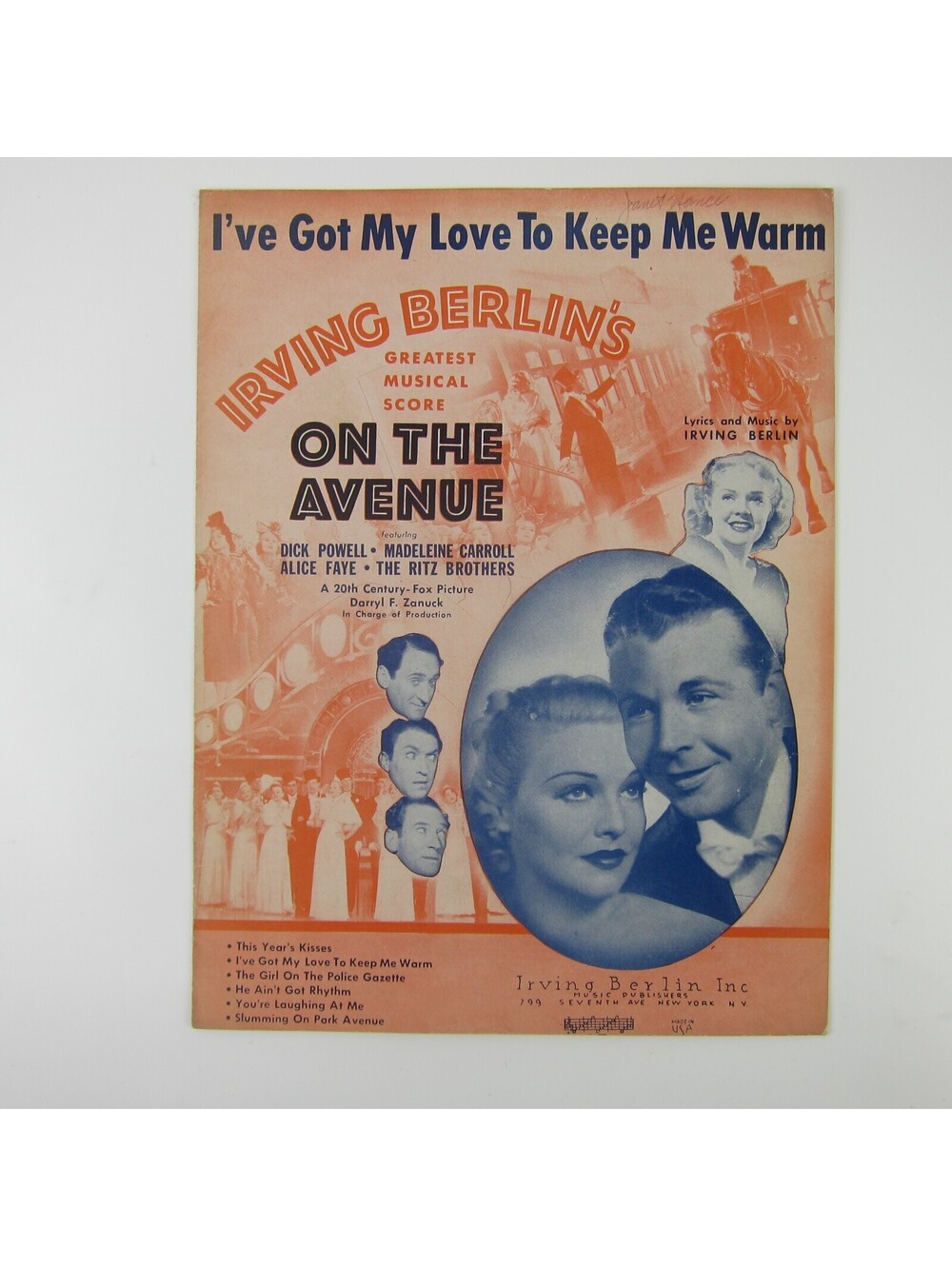 Sheet Music I've Got My Love To Keep Me Warm On The Avenue Film Vintage 1937